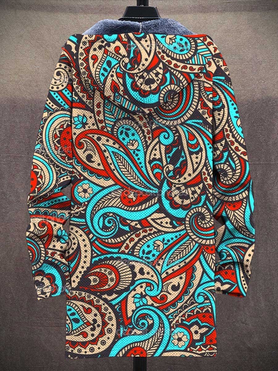 Men's Art Paisley Pattern Print Hooded Two-Pocket Fleece Cardigan Jacket