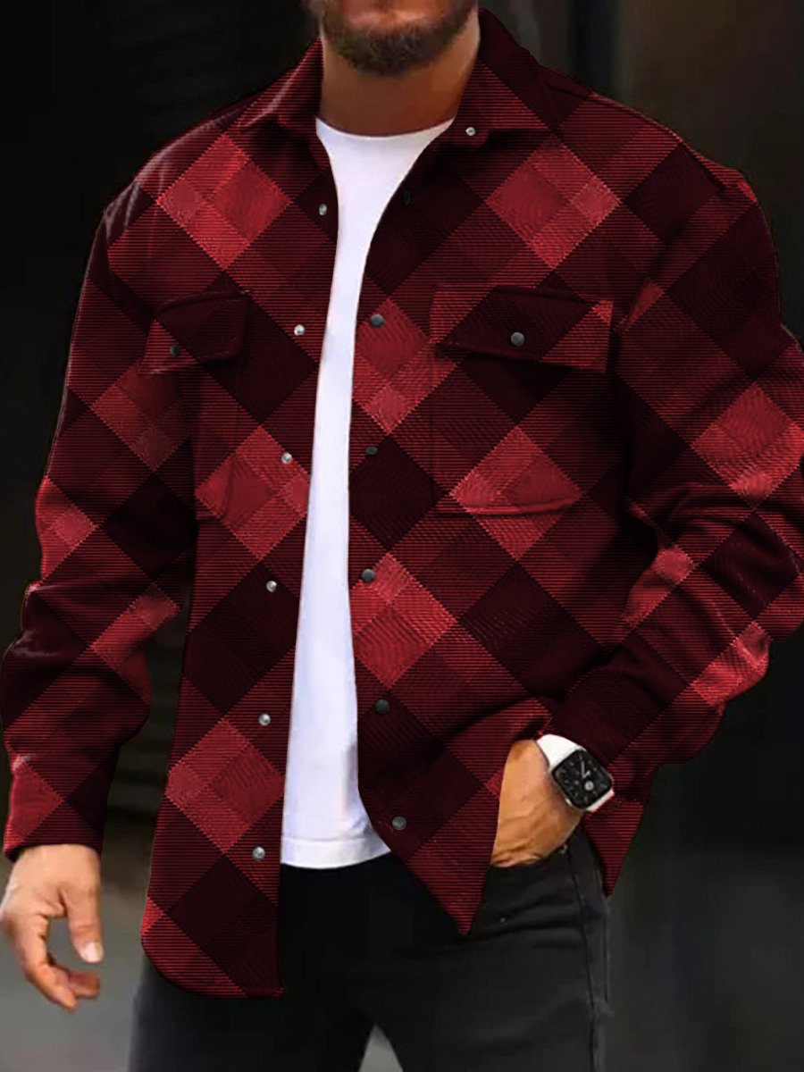 Men's Casual Jacket Stylish Plaid Print Long Sleeve Pockets Jacket