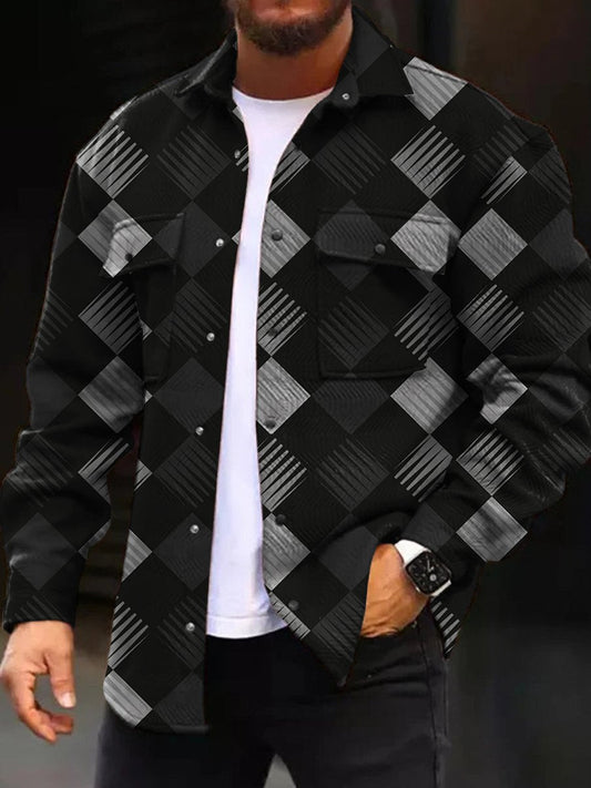 Men's Casual Jacket Fall Plaid Print Long Sleeve Pockets Jacket