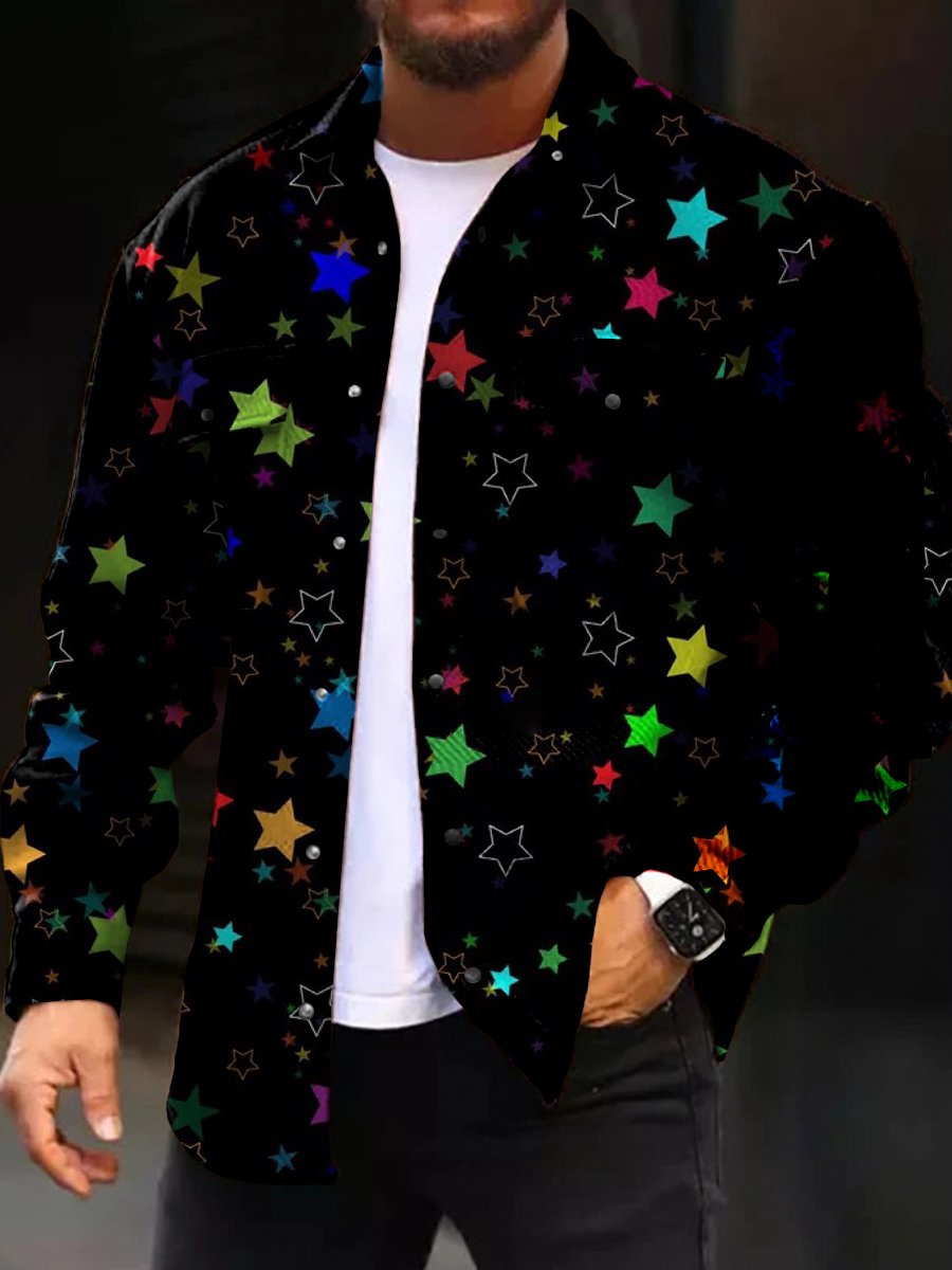 Men's Casual Jacket Fashion Colorful Star Print Long Sleeve Pocket Jacket