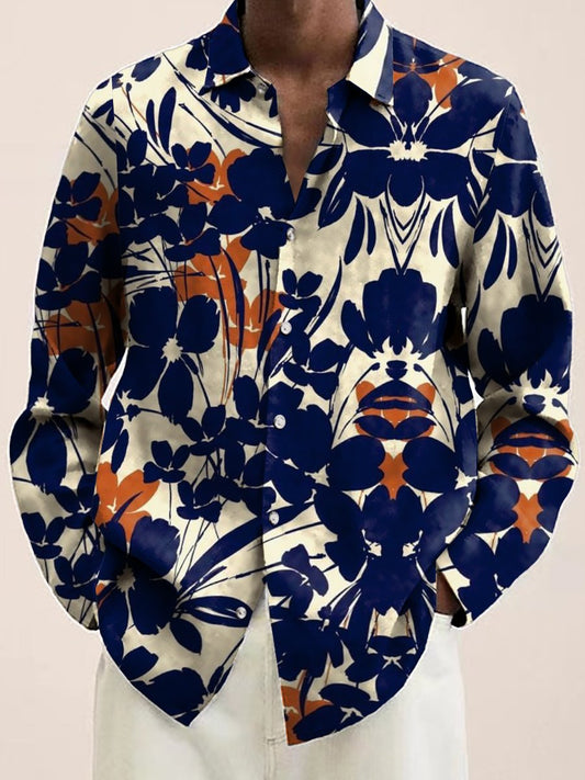 Men's Hawaiian Shirt Simple Floral Print Casual Vacation Oversized Long Sleeve Shirt