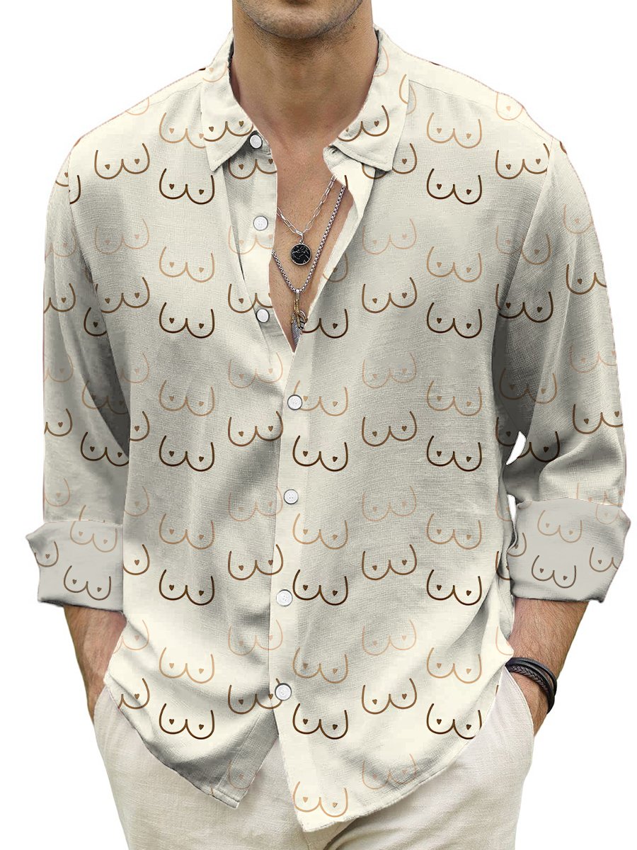 Men's Casual Shirt Fun Sexy Boobs Print Turndown Long Sleeve Print Shirt