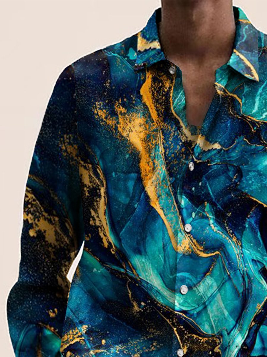 Casual Blue Marble Print Long Sleeve Shirt