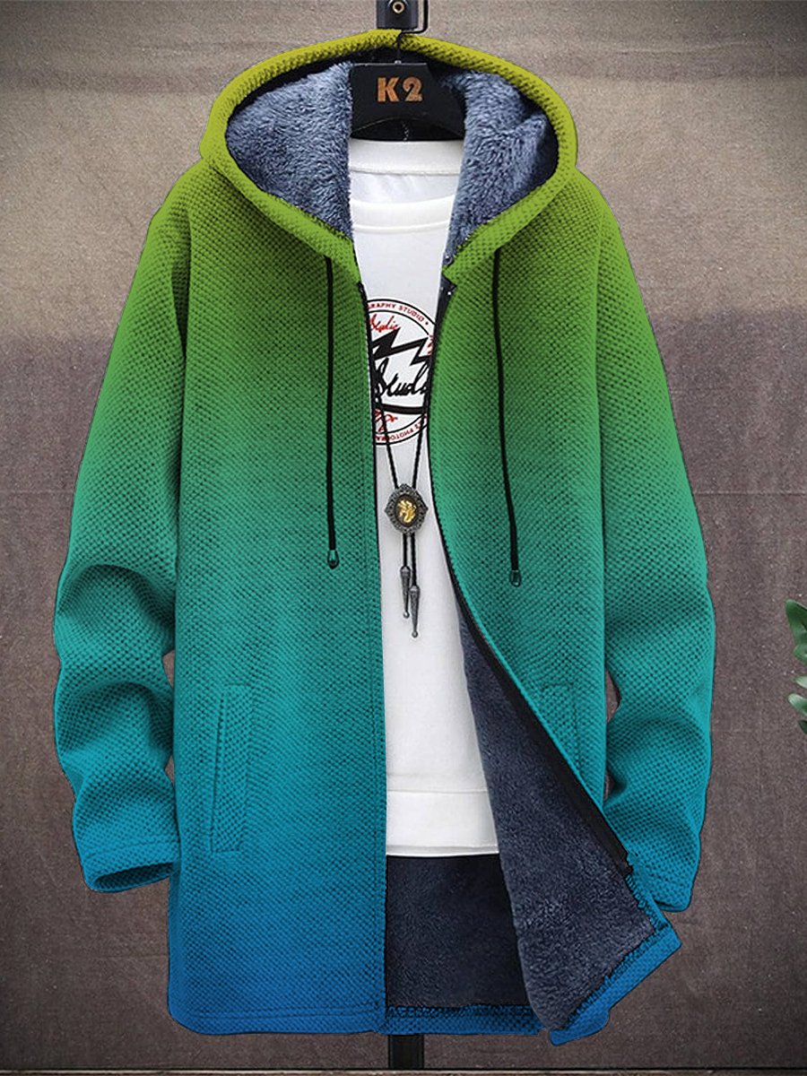 Men's Gradient Print Hooded Two-Pocket Fleece Cardigan Jacket