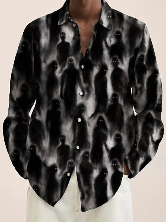 Darkness Ghost Print Button Down Long Sleeve Halloween Shirt