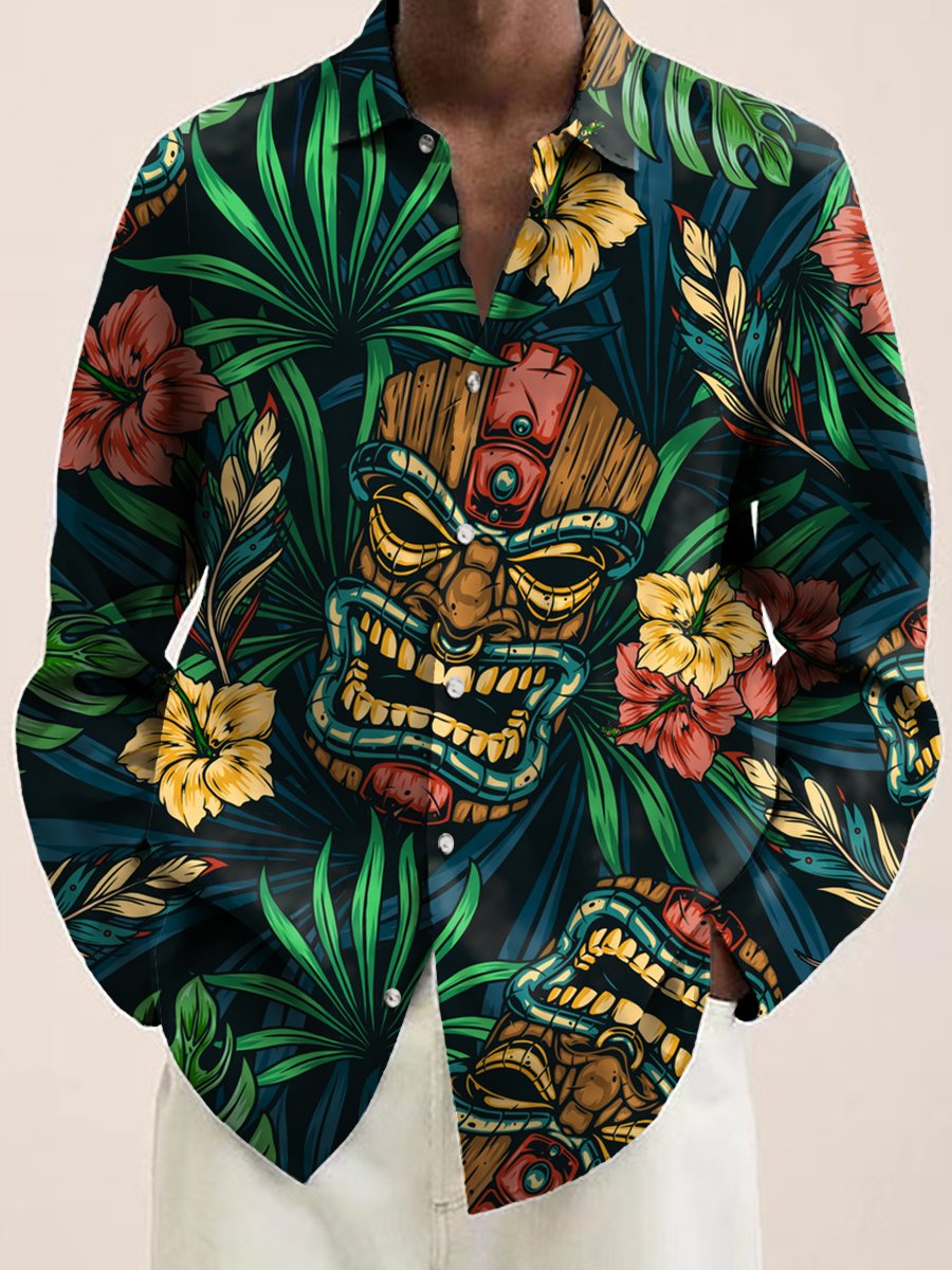 Vintage Casual Long Sleeve Shirt Tropical Tiki Print Button Shirt