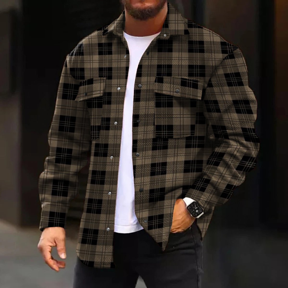 Men's Casual Jacket Fall Plaid Print Long Sleeve Pockets Jacket