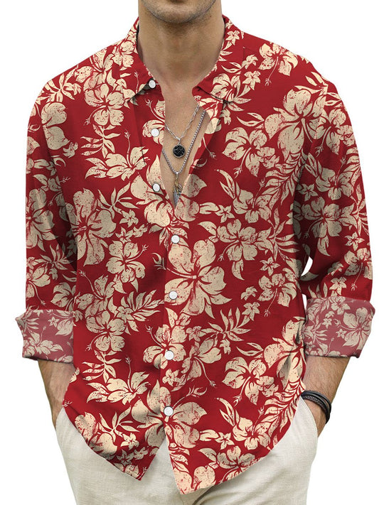 Men's Hawaiian Shirt Tropical Hibiscus Print Turndown Long Sleeve Print Shirt