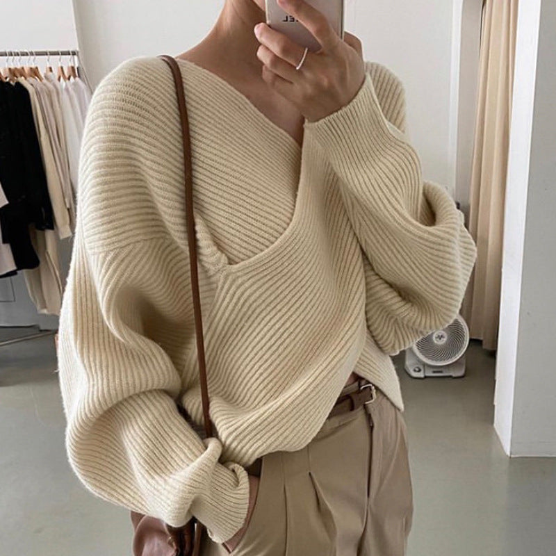 Simple Big V Neck Cross Design Loose Sweater Sweater Women