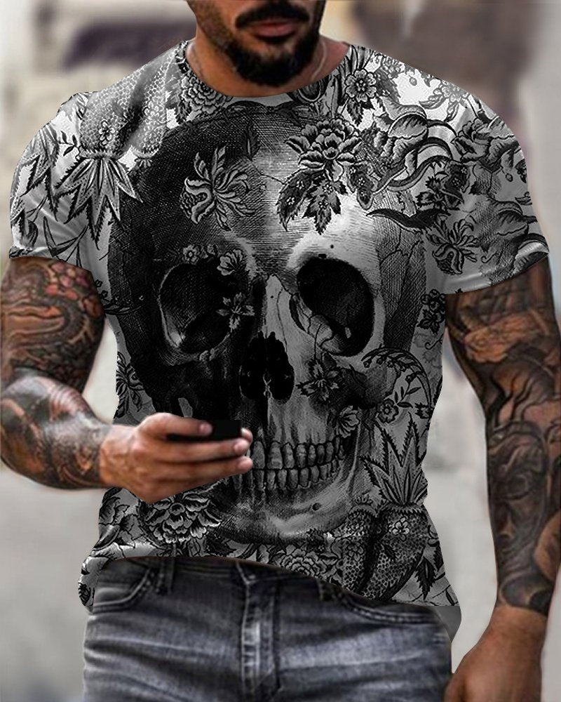 Skull Floral Print Men's T-Shirt - DUVAL