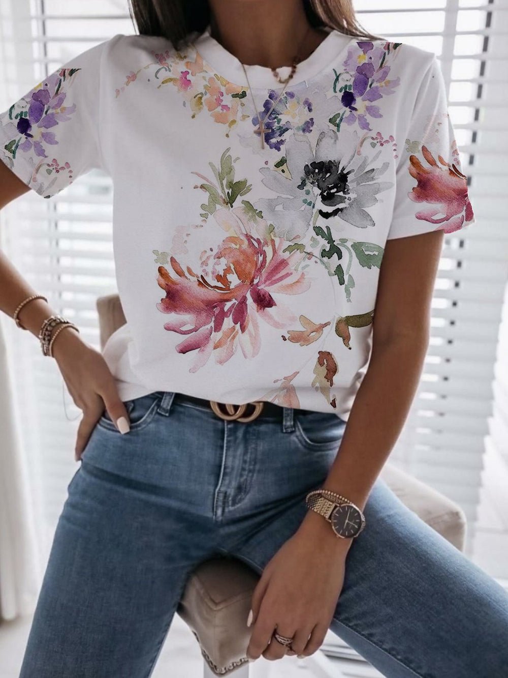 Watercolor Floral Print Splash Short Sleeve White Top - DUVAL