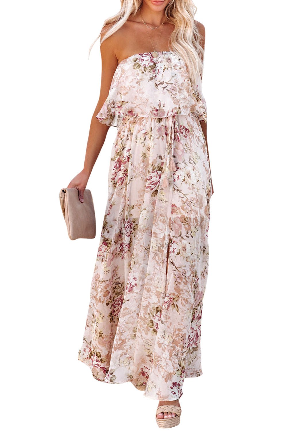 Beige Strapless Floral Print Maxi Dress - DUVAL