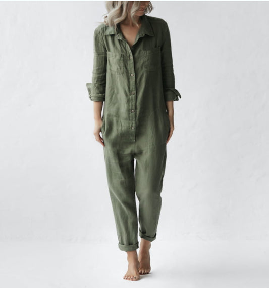 Casual lapel pocket long sleeve solid color cotton jumpsuit - DUVAL