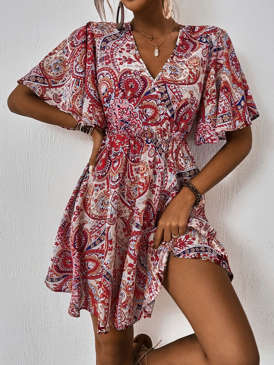 Plus Size Allover Paisley Print Tie Back Butterfly Sleeve Dress Without Belt - DUVAL