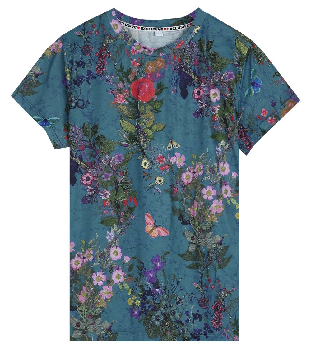 Turquoise Floral Garden Butterfly Print Short Sleeve Top - DUVAL