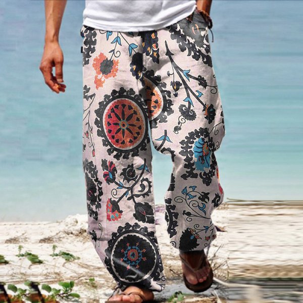 Men's Linen Western Ethnic Irregular Boho Print Double Pocket Stretch Loose Pants - DUVAL