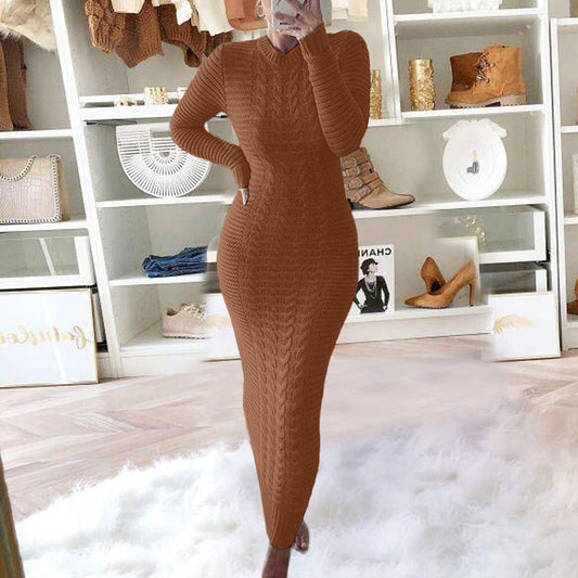 Fashion braided long-sleeved woolen dress