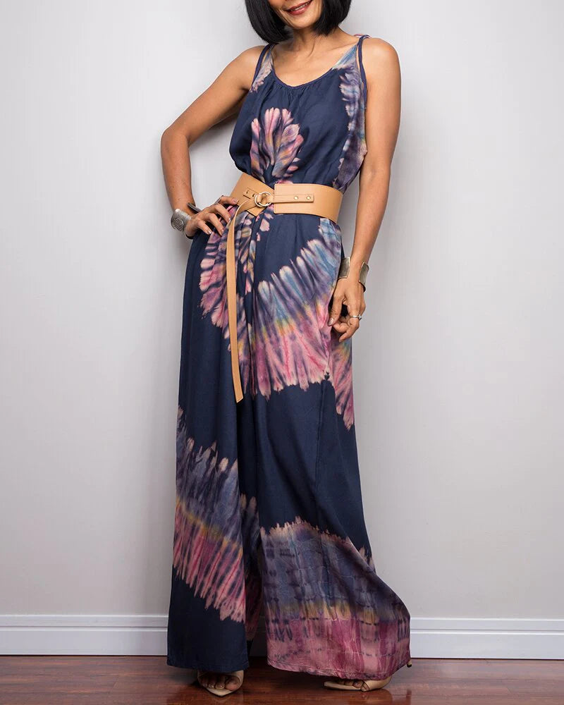 Tie-dye Printed Wide-leg Lace-up Loose Jumpsuit