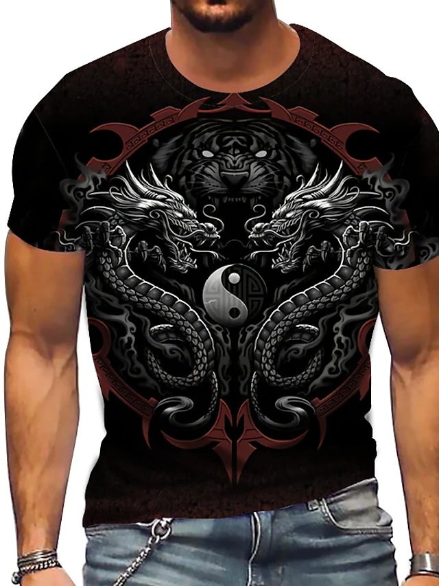 Men's T shirt Tee 3D Print Dragon Gossip Crew Neck Street Casual Print Short Sleeve Tops Sportswear Casual Fashion Comfortable Black - DUVAL