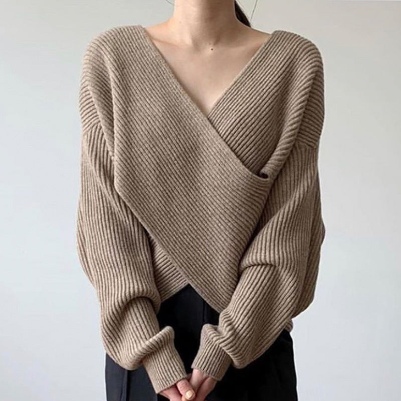 Simple Big V Neck Cross Design Loose Sweater Sweater Women