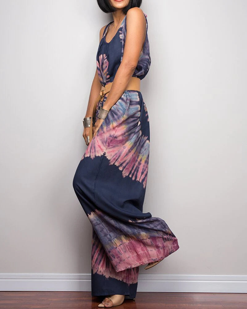 Tie-dye Printed Wide-leg Lace-up Loose Jumpsuit