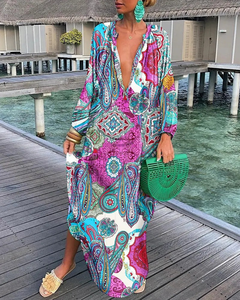 Autumn V-Neck Loose Long Sleeve Print Dress