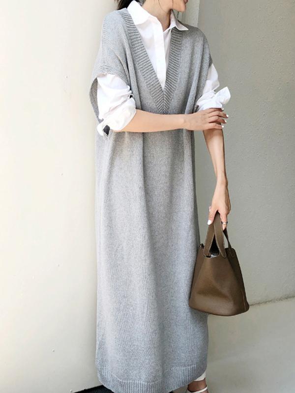 Knitting Loose V-Neck Sleeveless Long Dress