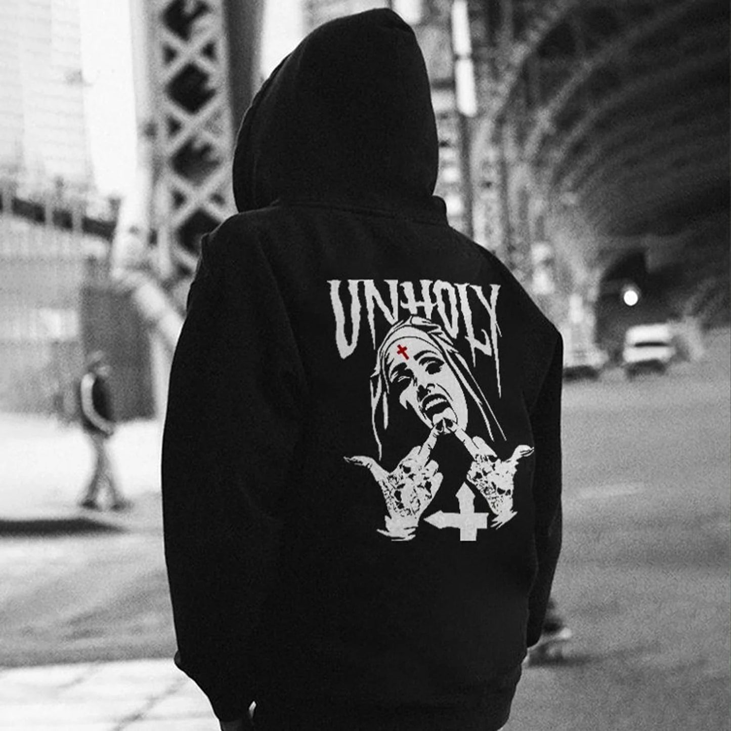 UNHOLY Nun Graphic Casual Black Couple Models Hoodie