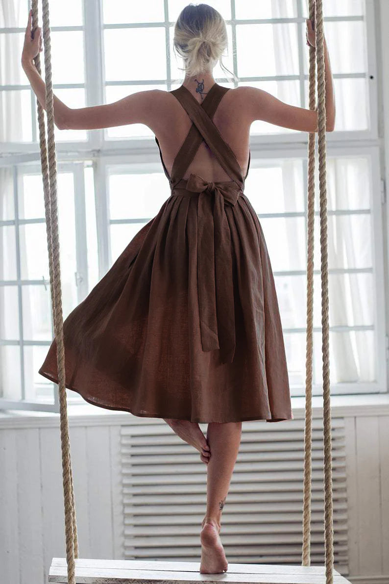 Cross Back Bow-tie /Lace Up Linen Dress