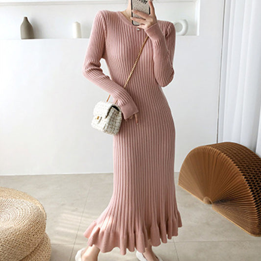 Flanged fishtail skirt slim body wrap buttock knit sweater dress