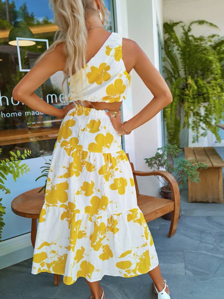 Printed Slanted Shoulder Top And Maxi Skirt Two-piece Set