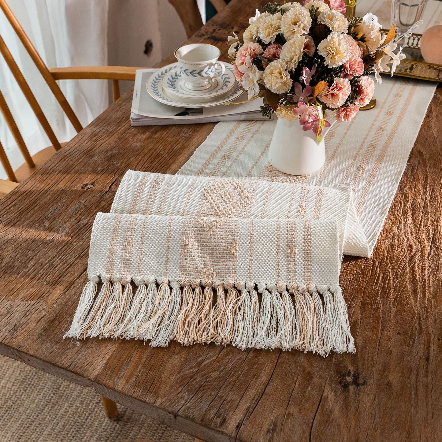 Hand-fringed table cloth with striped cotton and linen