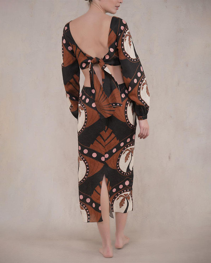 Backless Tie Palm Print Dress