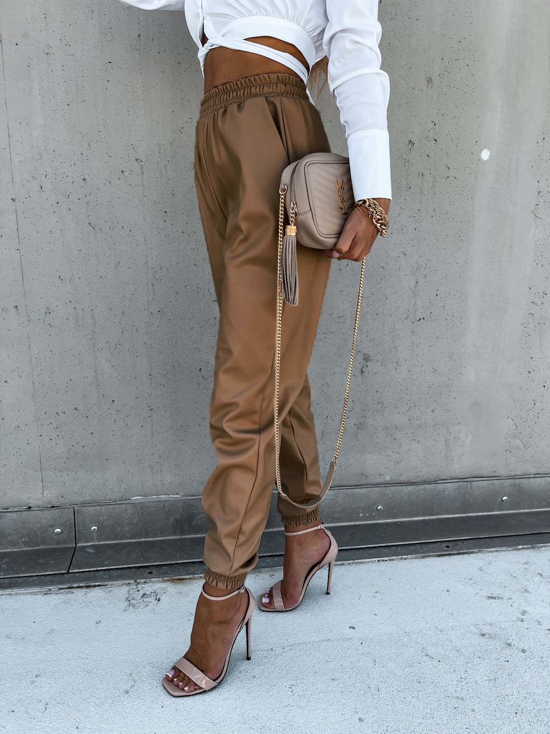 Casual pocket long PU leather pants