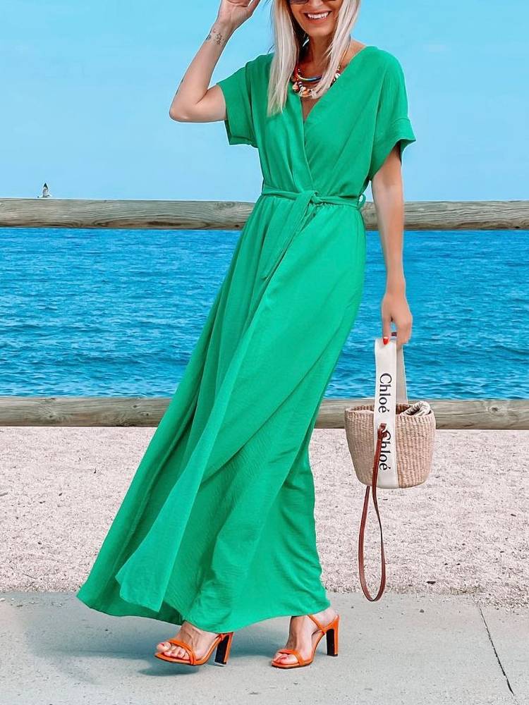 Short Sleeve Lace Up Maxi Dress