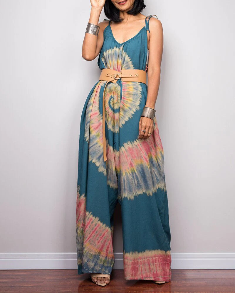 Tie-dye Printed Wide-leg Lace-up Loose Jumpsuit