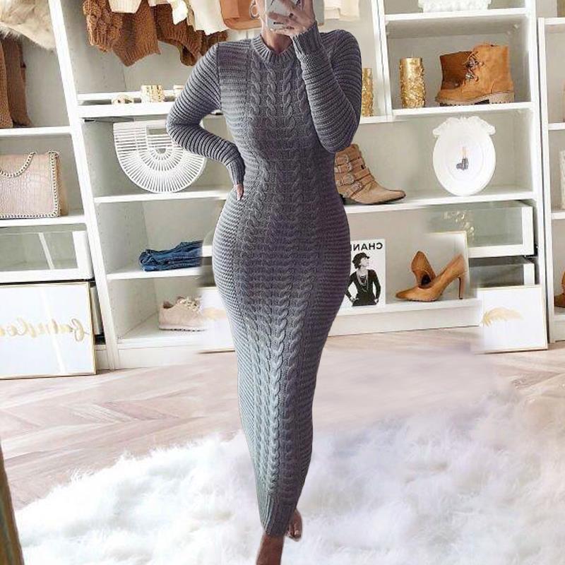 Fashion braided long-sleeved woolen dress