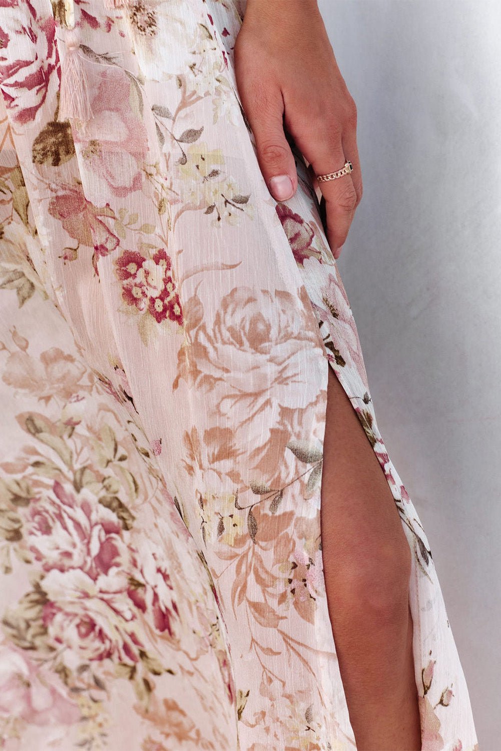 Beige Strapless Floral Print Maxi Dress - DUVAL