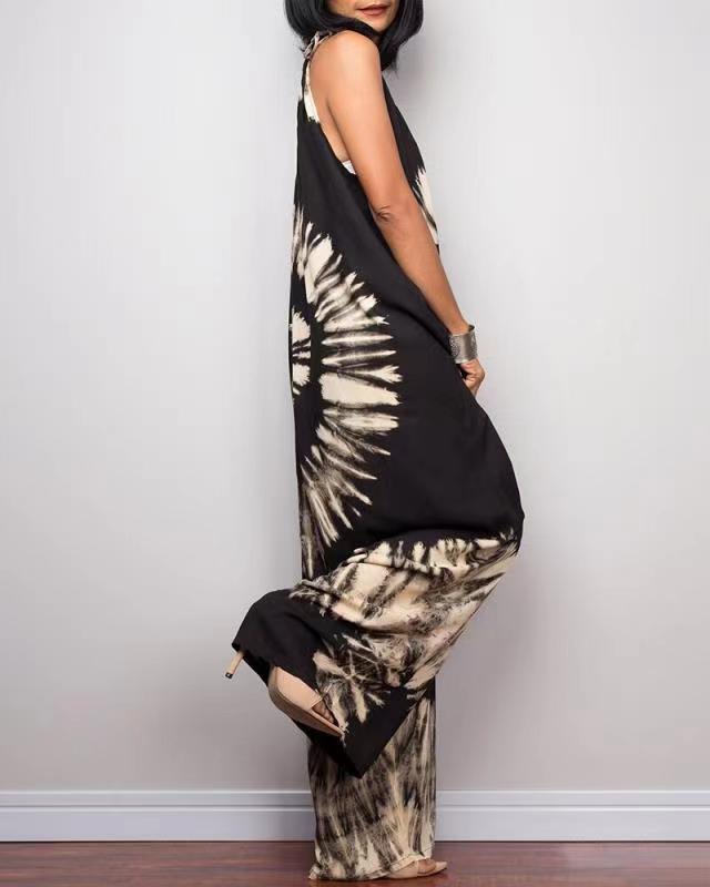 Tie-dye Printed Wide-leg Lace-up Loose Jumpsuit