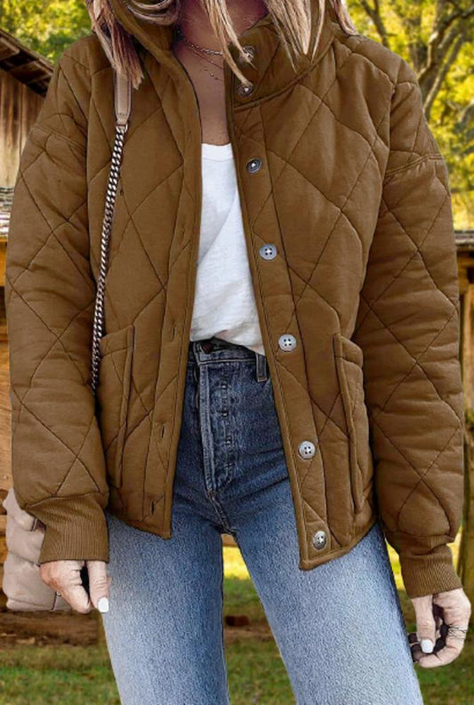 Women's Quilted Jacket Casual Stand Collar Button Coat