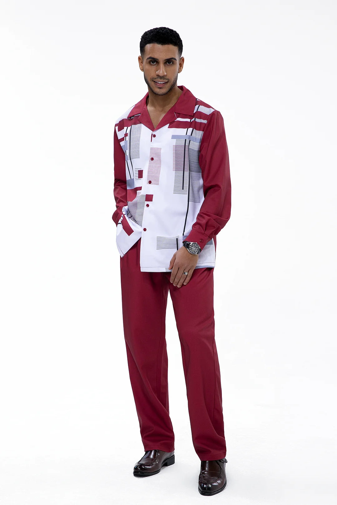 Burgundy Geometric Print Walking Suit 2 Piece LongSleeve Set - DUVAL