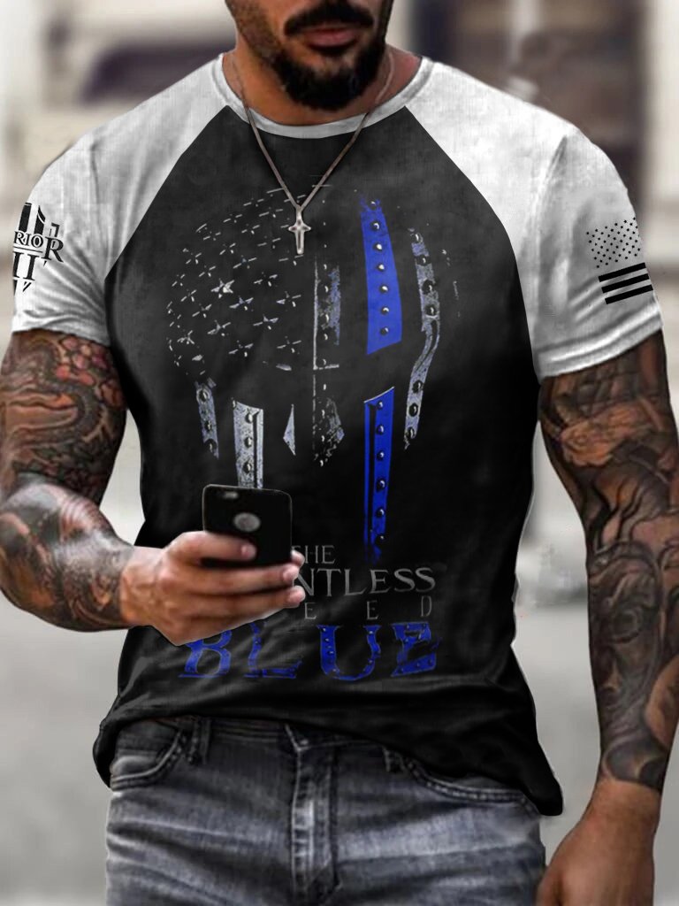 SPLICING THIN BLUE LINE SKULL PATRIOTIC PRINTED TEE - DUVAL