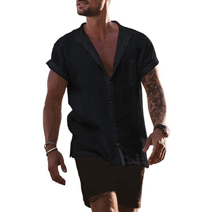 Men's Linen Loose Short Sleeve Pocket Simple Casual Shirt - DUVAL