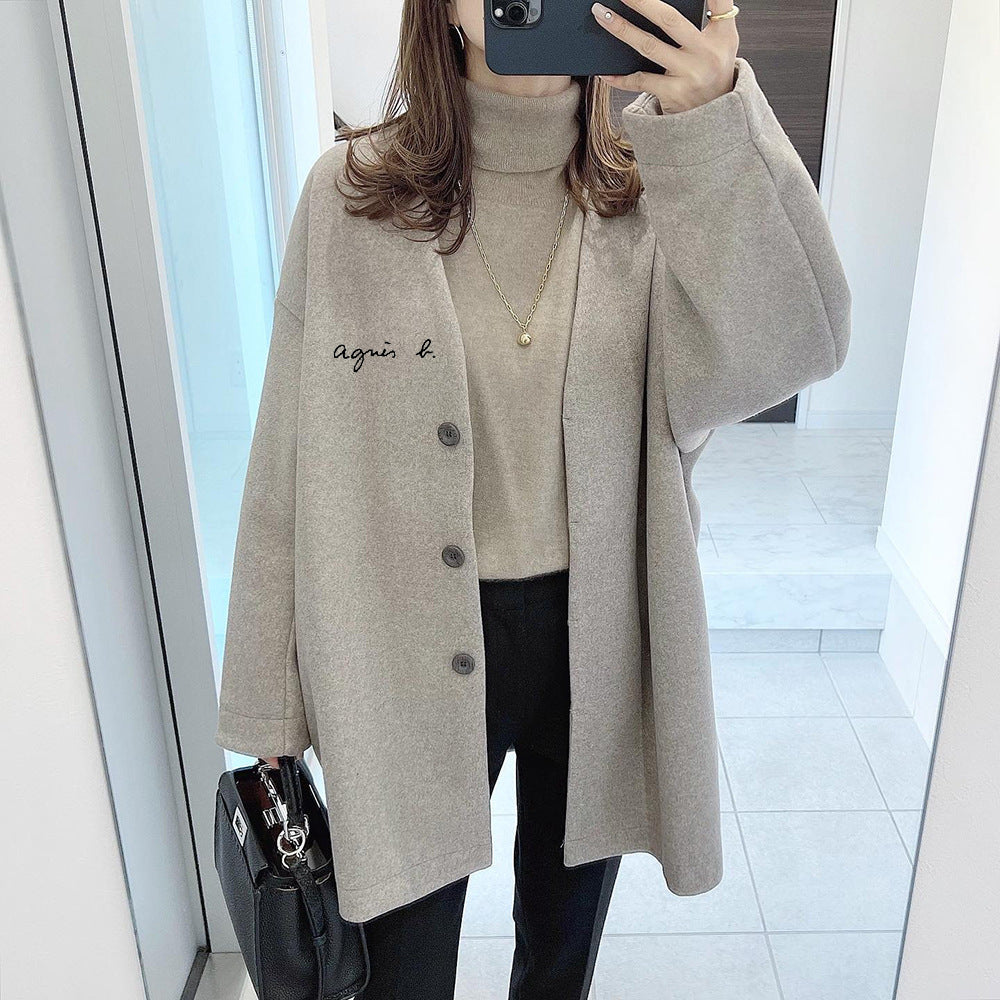 Round neck temperament loose woolen coat