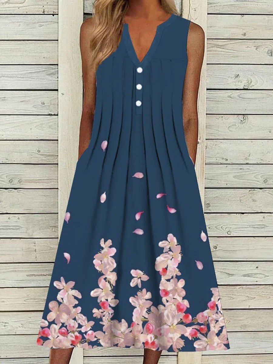 V-Neck Casual Loose Floral Print Sleeveless Midi Dress - DUVAL