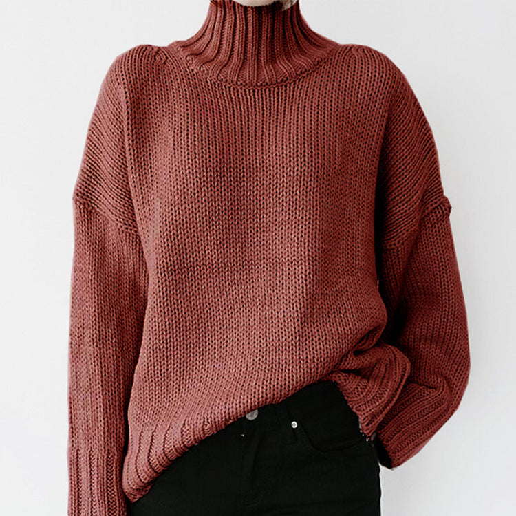 Turtleneck Long-Sleeved Solid Color Knitted Pullover Sweater