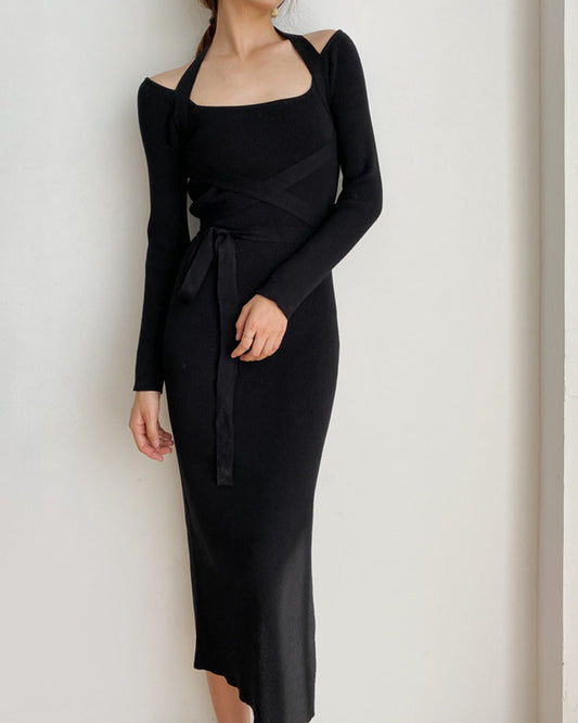 One-shoulder elegant waist-waist tie knitted dress