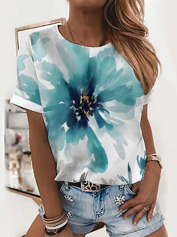 Elegant Floral Print Short Sleeve Top - DUVAL