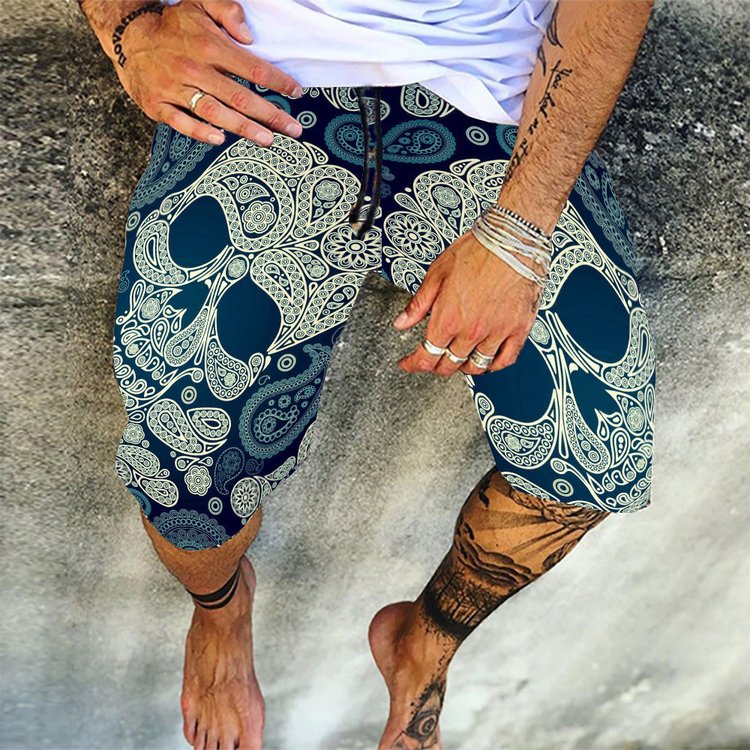 Printed Skull Loose Mid Waist Men's Shorts - DUVAL