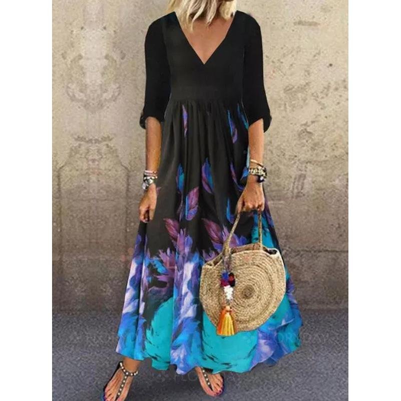 V-Neck Black Bottom Floral Blouse Dress - DUVAL